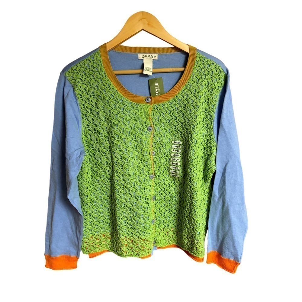 Orvis crochet overlay cardigan multi media open knit button up front Size L